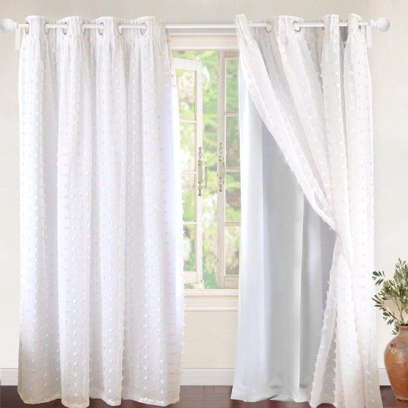 DriftAway White Pinch Pleated Voile Sheer Blackout Thermal Curtain Liner Embroidered with Pom Pom Lined Grommet Curtain for Kids Girls Bedroom Nursery Room 84 Inch Single Panel - Image 1